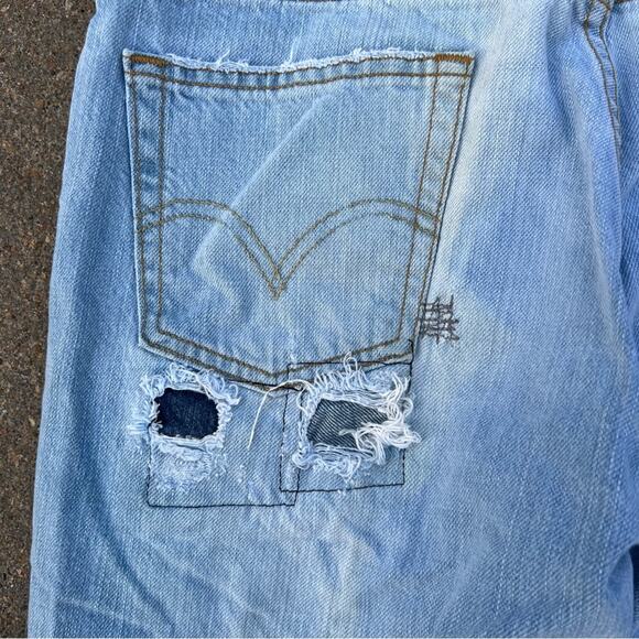 Levi’s 527 Low Boot Cut Jeans upcycled distress patched art to wear Jack Daniels - Picture 11 of 13